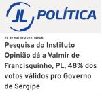 Pesquisa Opinião via JL Política: Valmir de Francisquinho lidera com quase 50% dos votos válidos no 1º e vence em todos os cenários no 2º turno